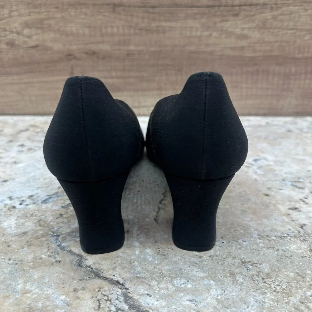 Stuart Weitzman Pumps Womens 9.5B Black Square Toe Heels Textile/Leather - Picture 5 of 10